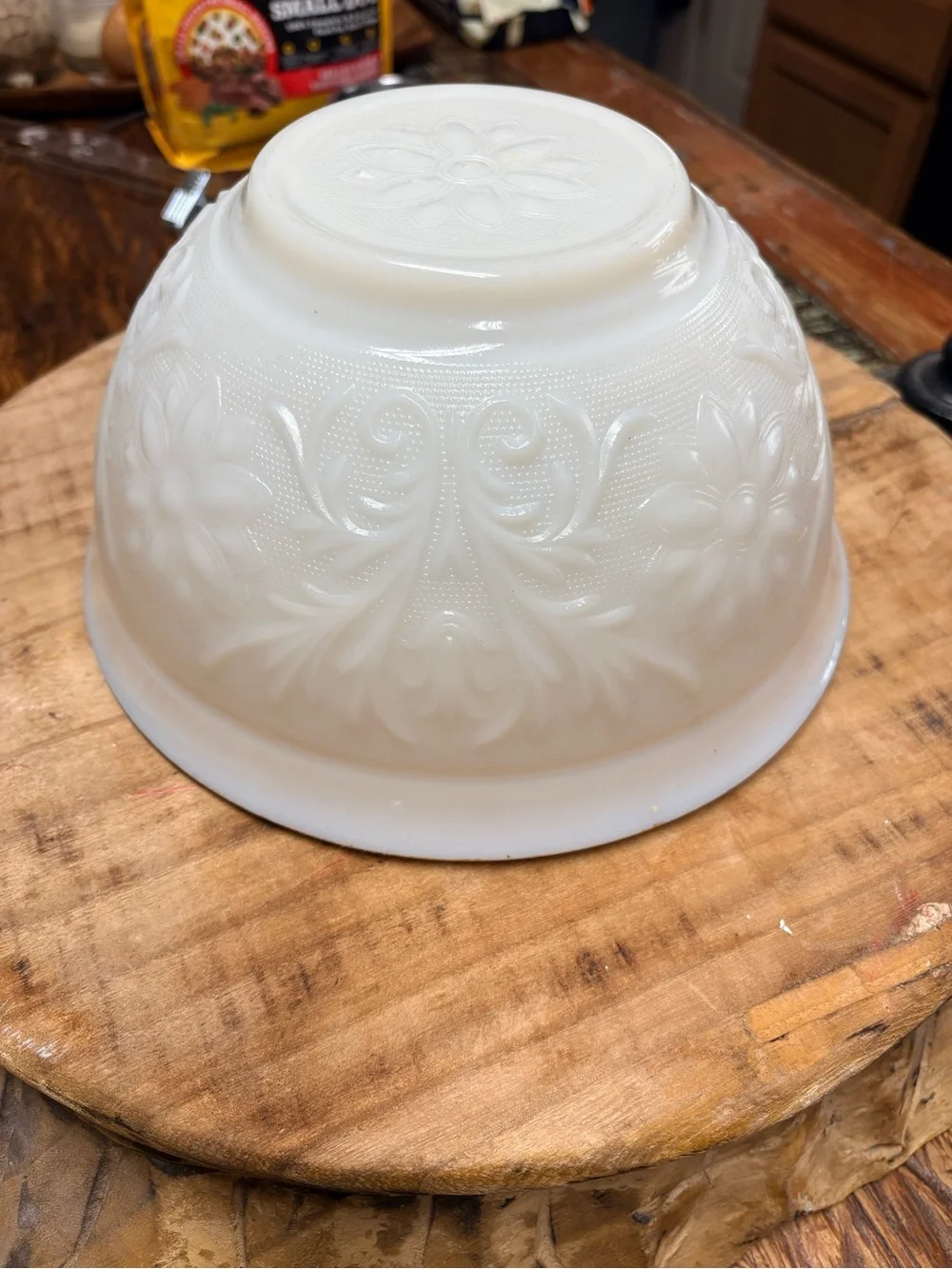 Vintage Anchor Hocking Ivory Embossed Glass Punch Bowl with Gold Rim 5”X 10”